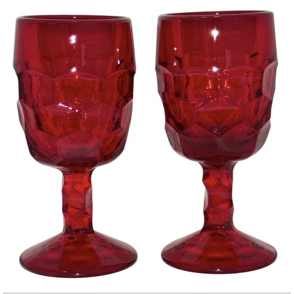 Vintage Viking Glass Georgian Ruby Red Goblets Set of 2 Honeycomb